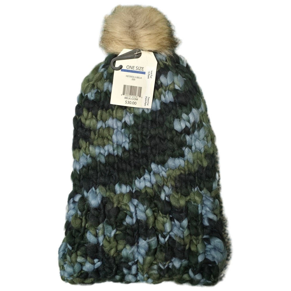 ONE SIZE Wonderly Camo Knit Beanie Faux Fur Pom Pom Warm Winter Hat(AB)